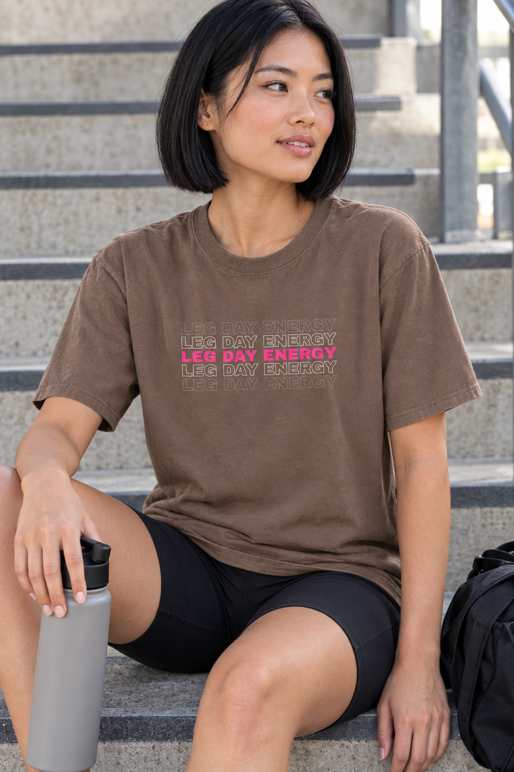 Leg Day Energy women's relaxed garment-dyed crew-neck t-shirt worn on a model