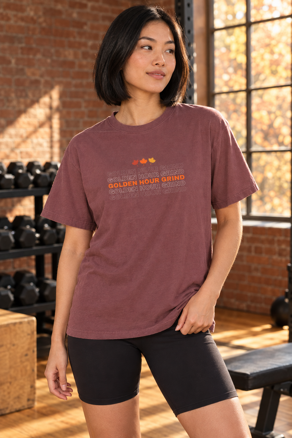 Golden Hour Grind women's relaxed garment-dyed crew-neck t-shirt worn on a model