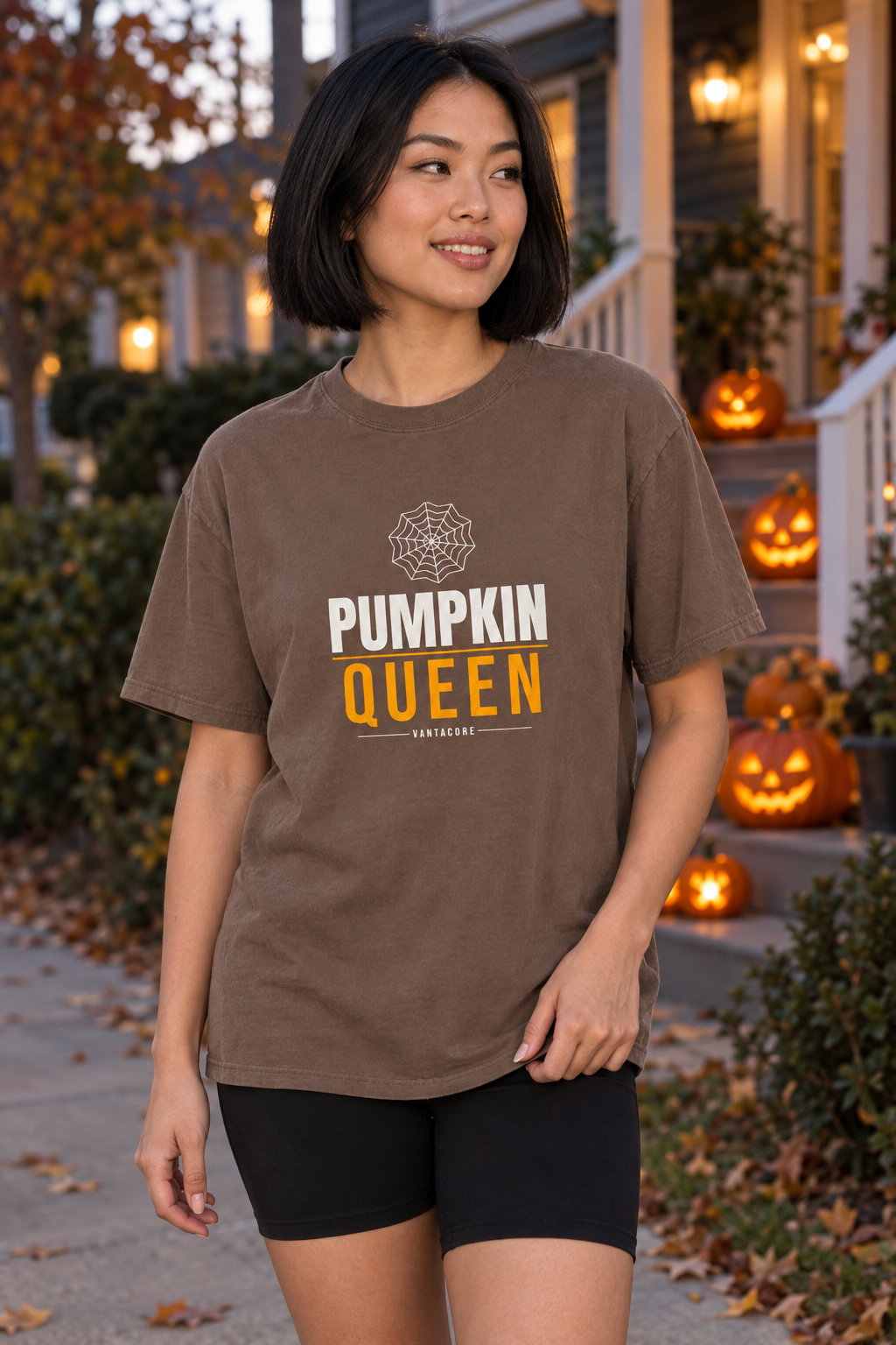 Pumpkin Queen Halloween women's relaxed garment-dyed crew-neck t-shirt worn on a model