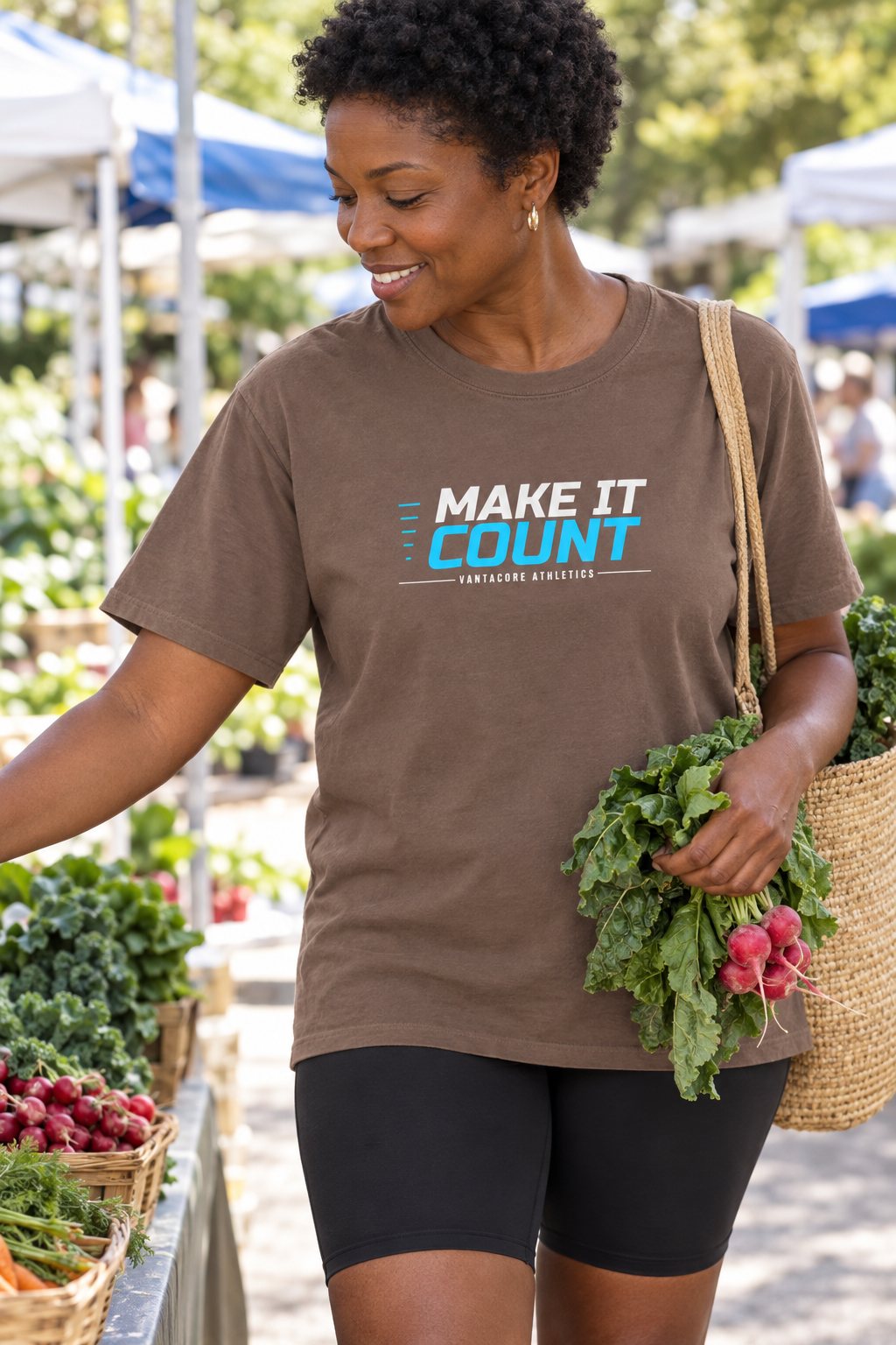 Make It Count women's relaxed garment-dyed crew-neck t-shirt worn on a model