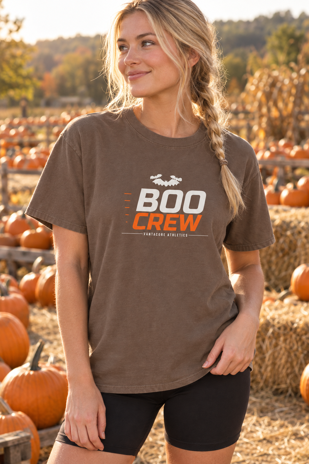 Boo Crew Halloween women's relaxed garment-dyed crew-neck t-shirt worn on a model