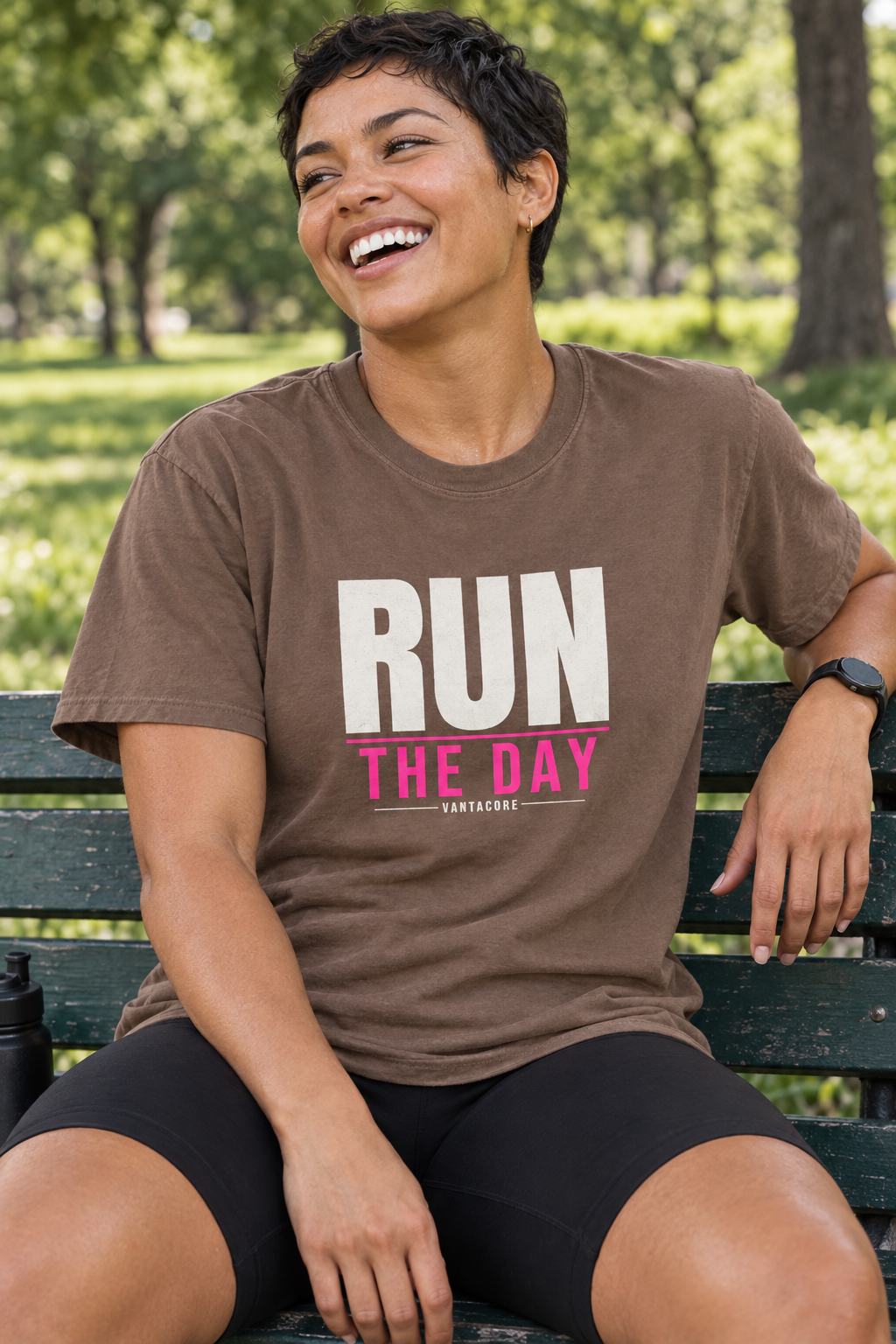 Run The Day women's relaxed garment-dyed crew-neck t-shirt worn on a model