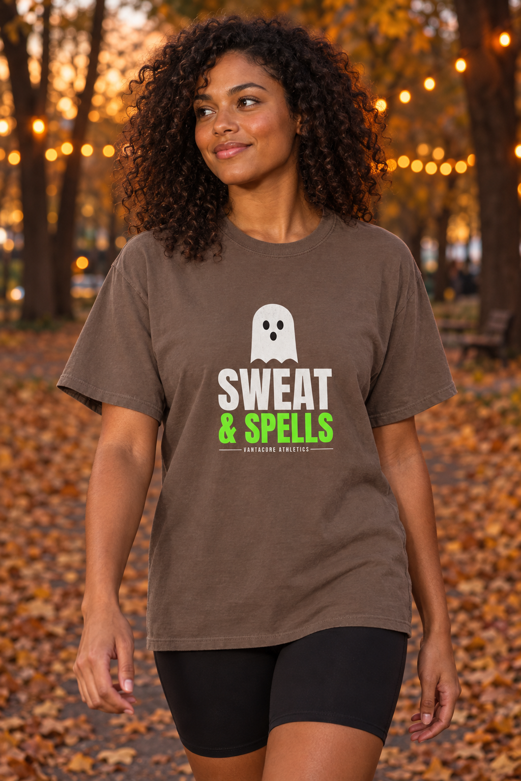 Sweat & Spells Halloween women's relaxed garment-dyed crew-neck t-shirt worn on a model