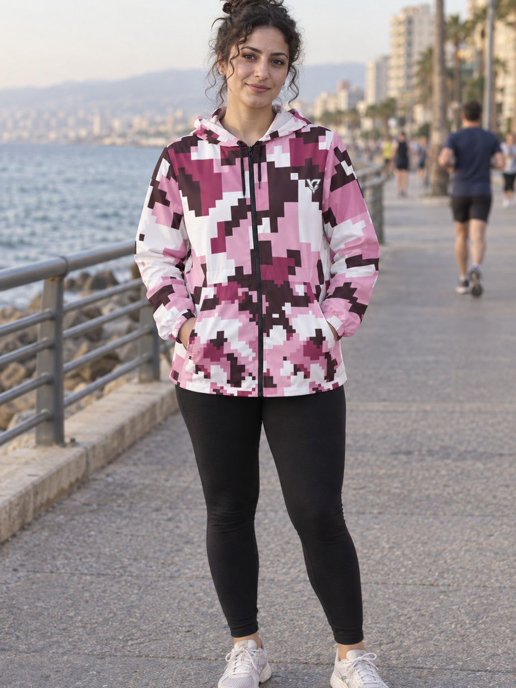 Woman wearing the Rose Digital Camo Women's Windbreaker Jacket
