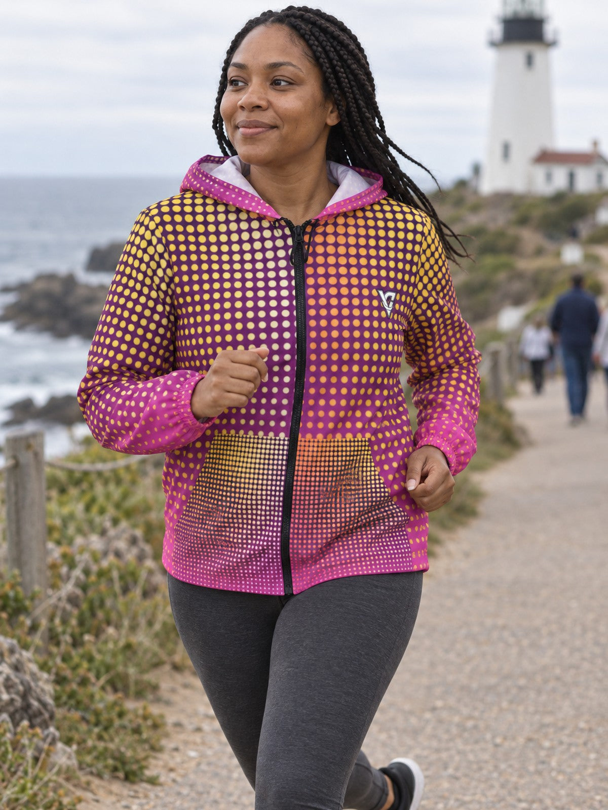 Woman wearing the Sunset Halftone Women's Windbreaker Jacket