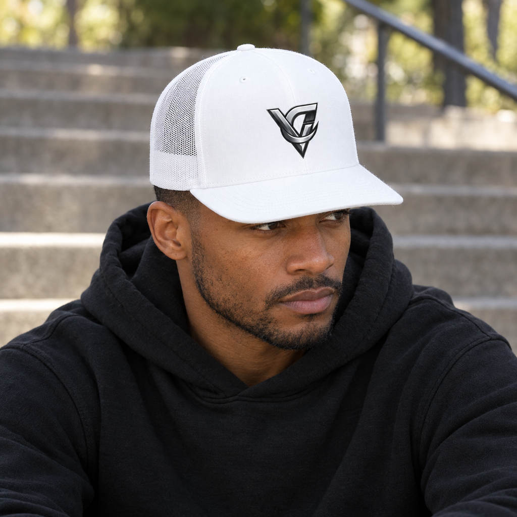 VG Chrome Logo Trucker Cap worn on a model