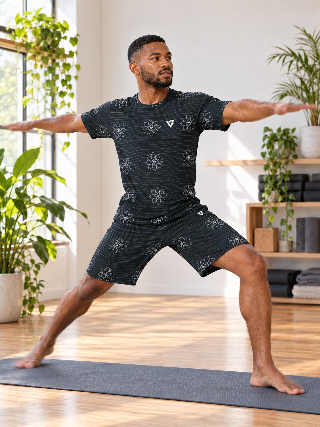 Yoga Volt Night Flow Lotus Men's Athletic Shorts with Pockets, in action