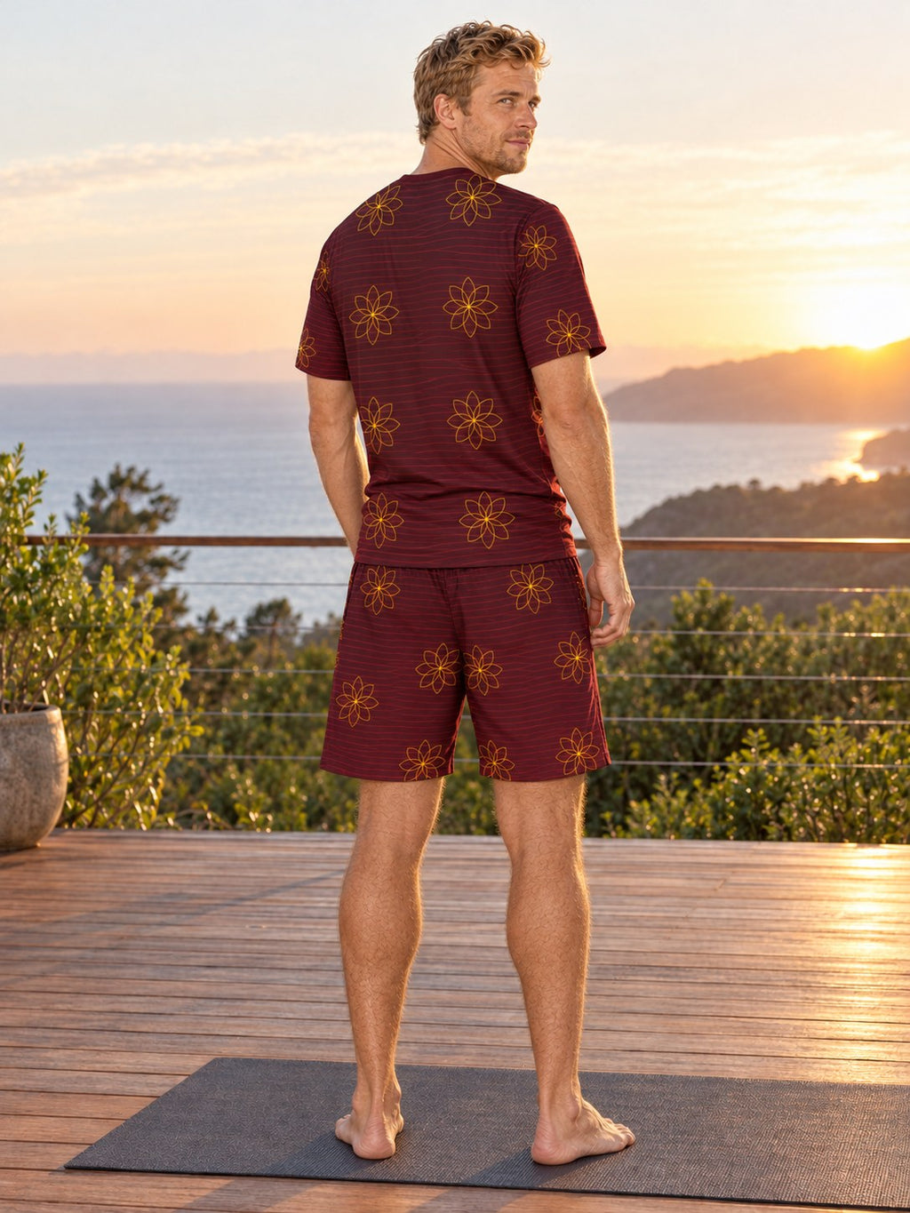 Yoga Crimson Blaze Flow Lotus Men's Athletic Shorts with Pockets, back view