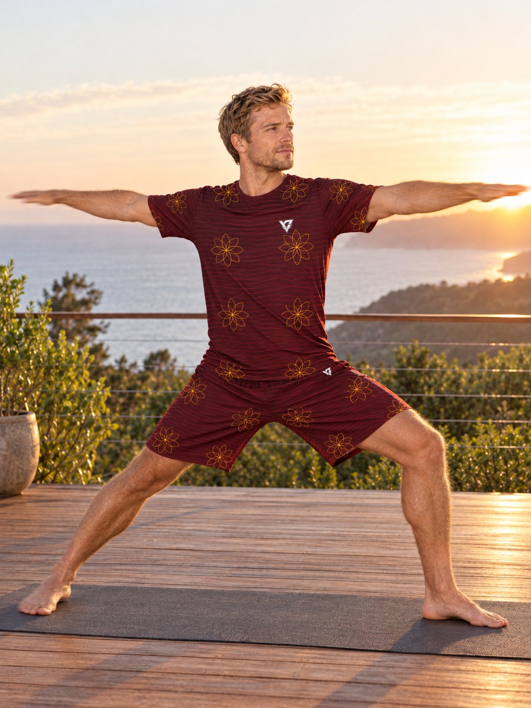 Yoga Crimson Blaze Flow Lotus Men's Athletic Shorts with Pockets, in action