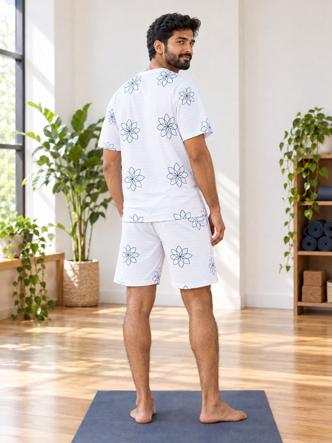 Yoga Arctic White Flow Lotus Men's Athletic Shorts with Pockets, back view