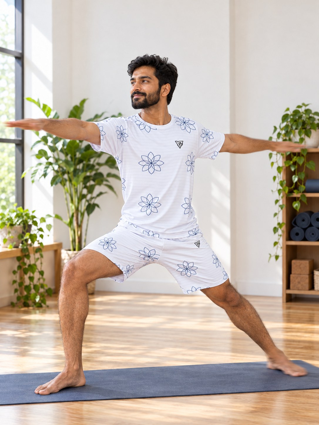Yoga Arctic White Flow Lotus Men's Athletic Shorts with Pockets, in action