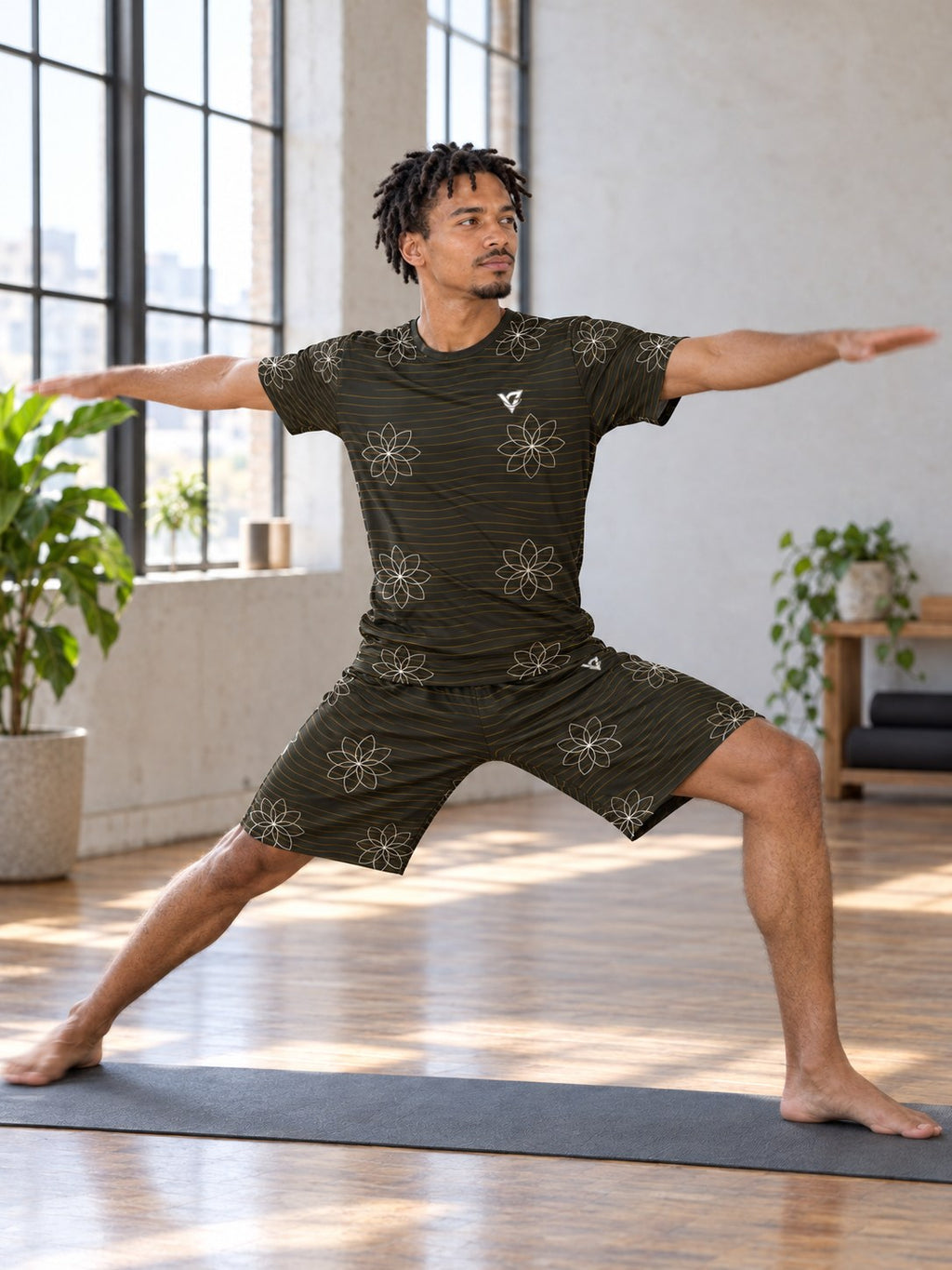 Yoga Gold Rush Flow Lotus Men's Athletic Shorts with Pockets, in action